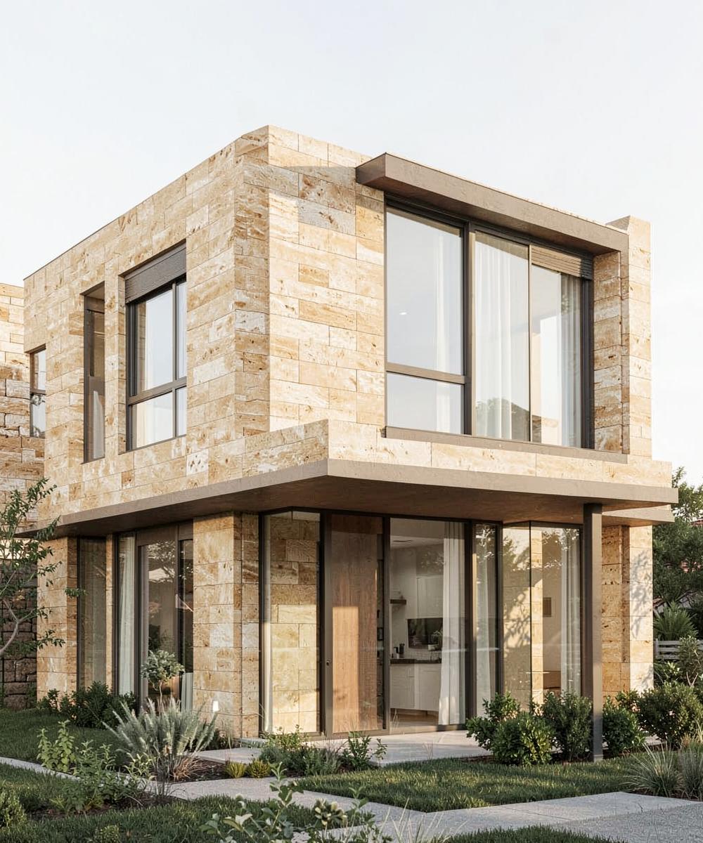 Modern minimal limestone residential building in soft daylight